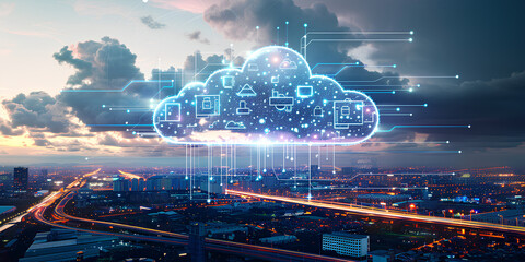 Modern industrial area aerial view and cloud computing concept. Communication network. INDUSTRY 4.0. Factory automation.
