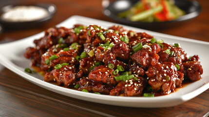 A plate of Korean-style chicken or beef, marinated in a dark brown sauce and sprinkled with green onion slices on top