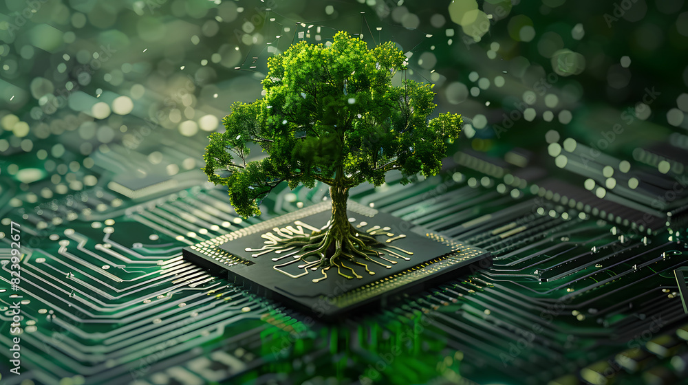 Poster tree growing on the converging point of computer circuit board. green computing, green technology, g