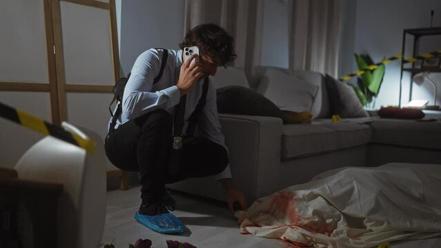 A pensive man with a badge crouching at a dimly-lit crime scene indoors, examining evidence while on a phone call.