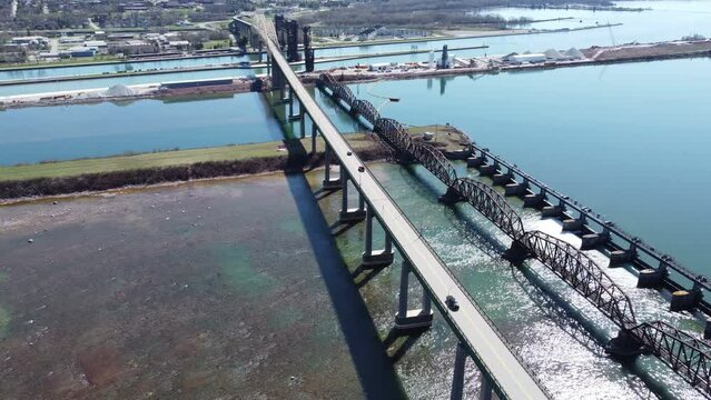 Sault Ste. Marie Canada static drone shot of the bridge between the US and C