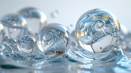   A cluster of glass orbs hovering above a mirrored surface, adorned with droplets
