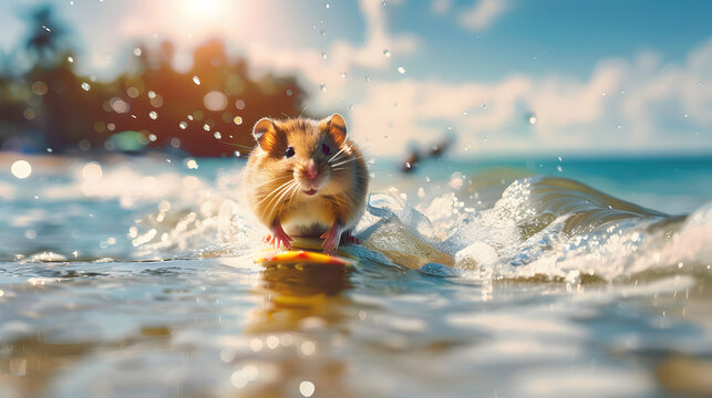 Summer vacation for pets. Adorable hamster surving on tropical beach waves.&nbsp;