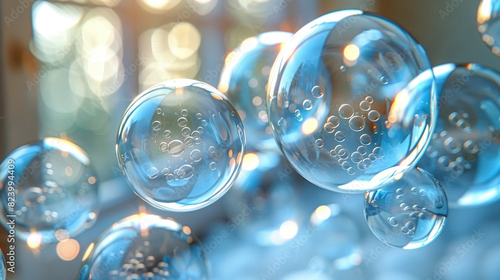 Poster   A cluster of bubbles floating atop one another against a hazy backdrop of blue-white light sources