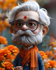3D Cartoon of Indian Saint Political Leader: White Hair and Beard in Orange Clothes
