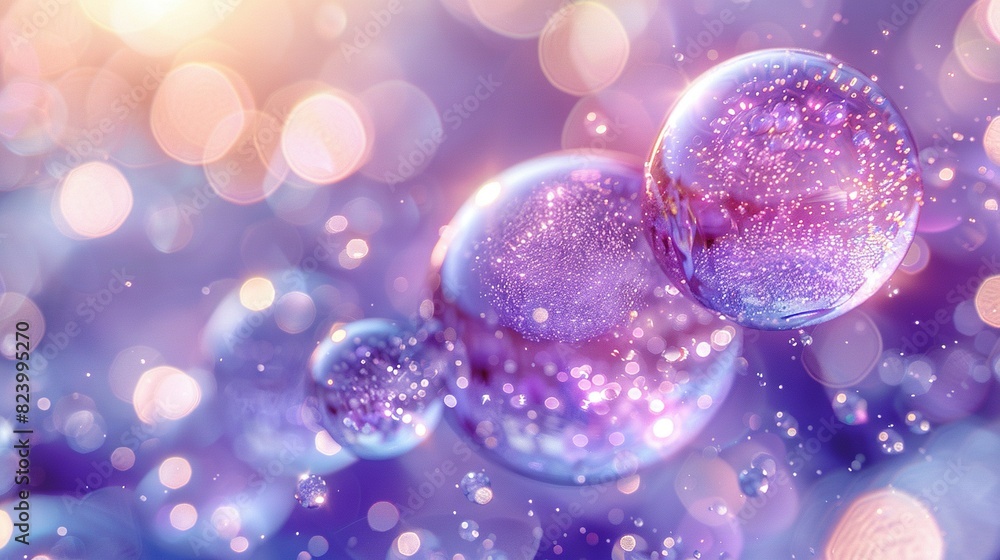 Poster group of soap bubbles floating on blue-purple background; bubbles float on top of each other