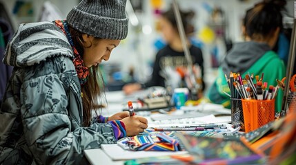 See students working on a fashion design project, creating their own clothing and accessories