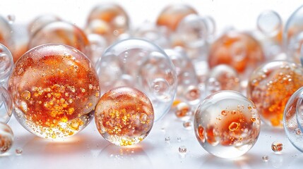   A group of glass balls resting on an orange and yellow-flecked white table with liquid