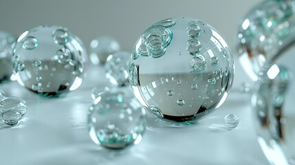   A set of transparent ornaments on a white surface with water droplets surrounding them