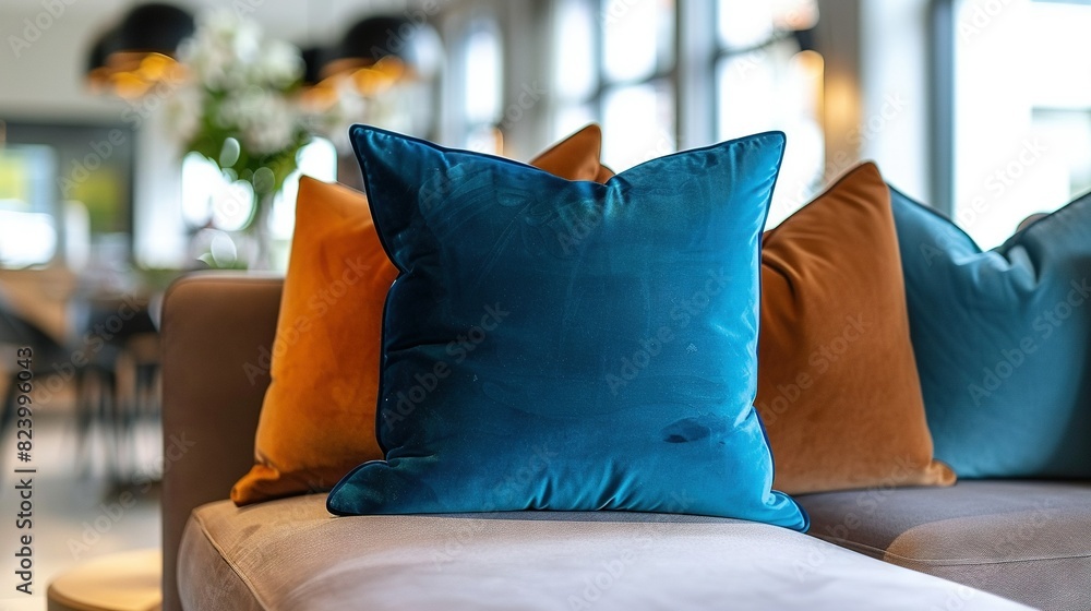 Poster a photo of a couch with multiple pillows propped against its back, while a table is positioned in th