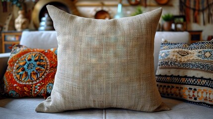   A close-up of a pillow on a couch, with pillows on either side of the backrest