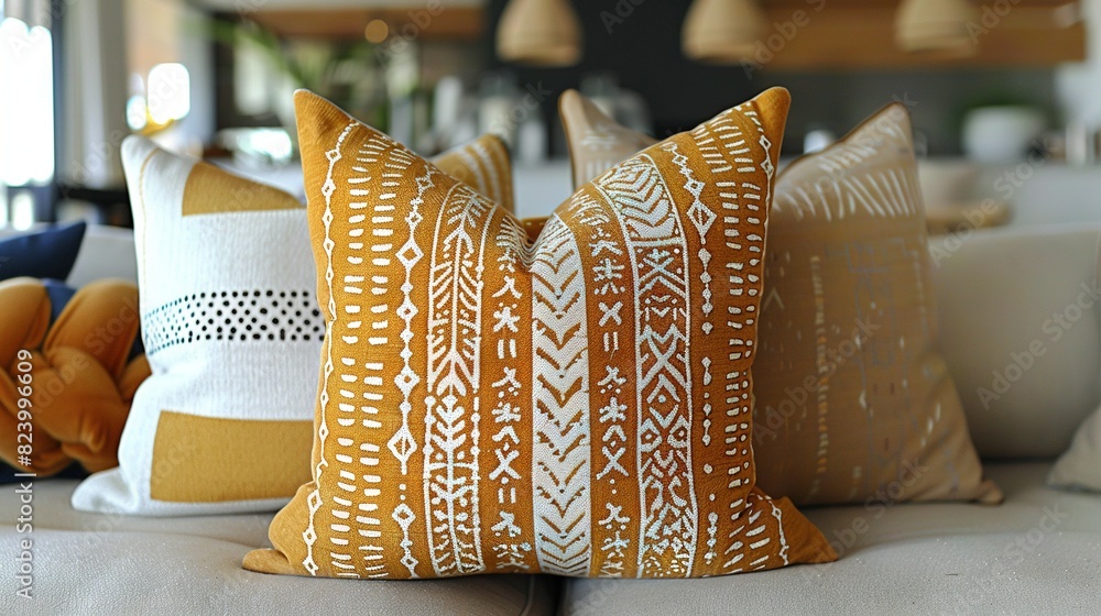 Poster close-up of multiple cushions on a couch against a backdrop of a spacious room and a large window