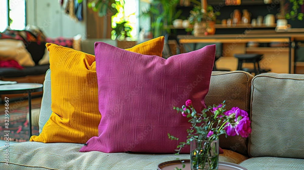 Poster a zoomed-in picture of a sofa with two vases of flowers - one in front and one behind