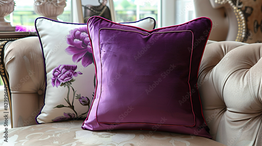 Poster group of pillows resting on the couch adjacent to the table with vase positioned atop