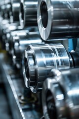 Naklejka premium Industrial close-up of steel parts with focus on the texture and finishes of metal components
