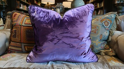   A couch sits in front of a bookshelf, topped by a purple pillow