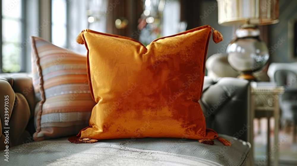 Poster a zoomed-in picture of a cushion resting on a sofa, with a sofa and table visible in the background