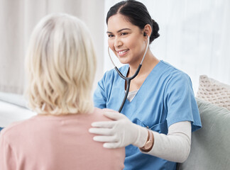 Nurse, patient and stethoscope or heartbeat listening with lung disease consultation, asthma or...