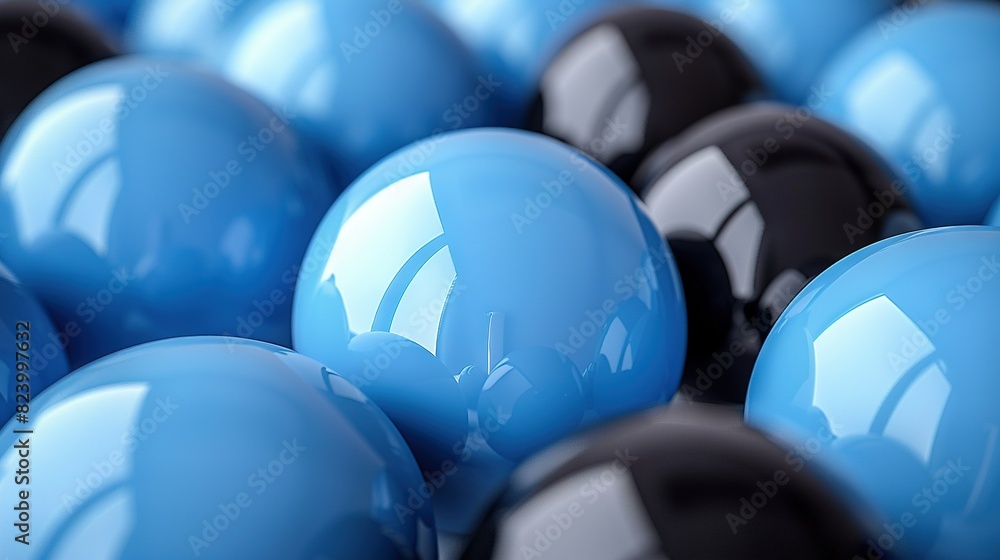Poster a large group of blue and black balls is centered in the image