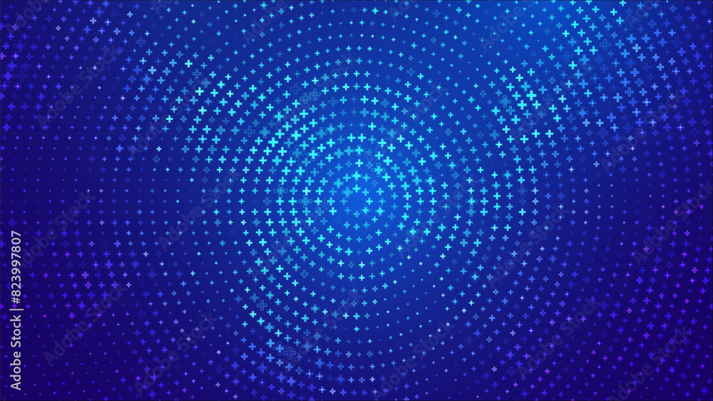 Poster Blue Mathematical Plus Symbols Pattern. Math Design Elements Background. Medical Tech Background. Abstract Digital Circles of Plus Signs. Vector Illustration.