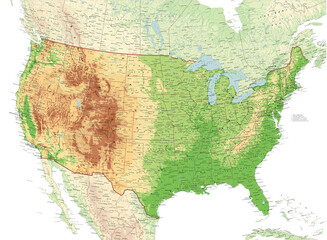 United Sates of America terrain map. Super high quality. Detailed with thousands of place name labels.