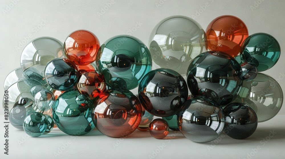 Poster a vibrant cluster of multicolored glass orbs rests atop a white table adorned with an array of varie