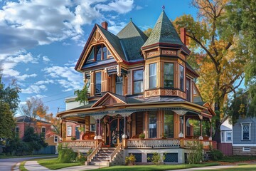 Fototapeta premium : A classic Victorian-style suburban house with intricate woodwork, colorful exterior paint, and a wraparound porch, set in a picturesque neighborhood street.