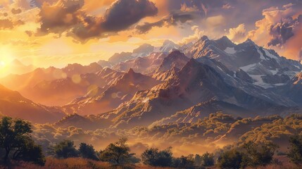 Beautiful mountains with golden light of dawn	