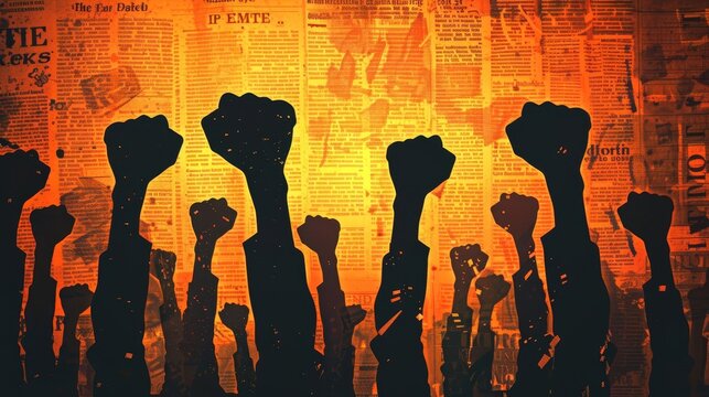 raised fists silhouetted against newspaper background symbolizing fight for press freedom and journalistic integrity powerful editorial illustration concept