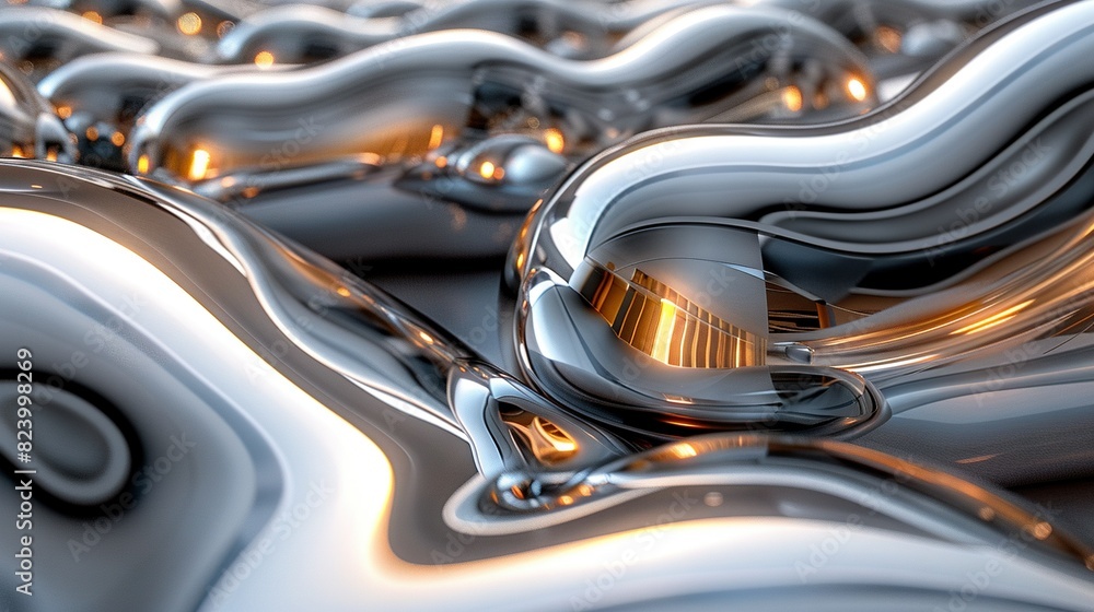 Poster a collection of gleaming metallic items with a hazy depiction of a building centrally positioned wit