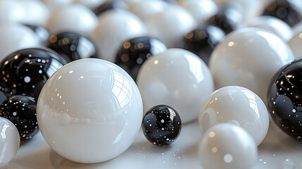   Group of black and white balls on white countertop with adjacent white and black balls