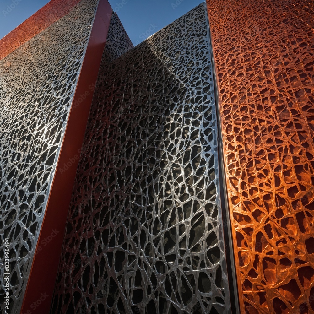 Poster towering structure with intricate patterns stands under clear sky, sunlight casting warm glow on its