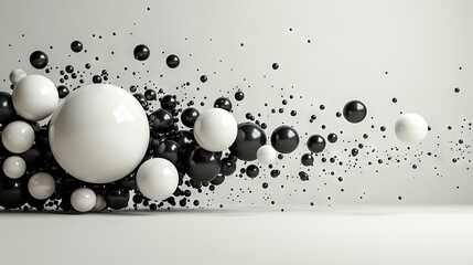   A cluster of black-and-white spheres levitating on a white backdrop, surrounded by a white wall