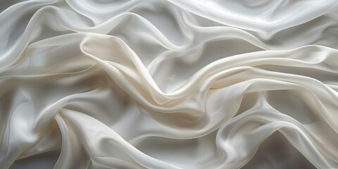 Elegant white silk textiles featuring wave patterns on a tranquil gray background. Concept Elegant Textiles, White Silk, Wave Patterns, Tranquil Gray Background
