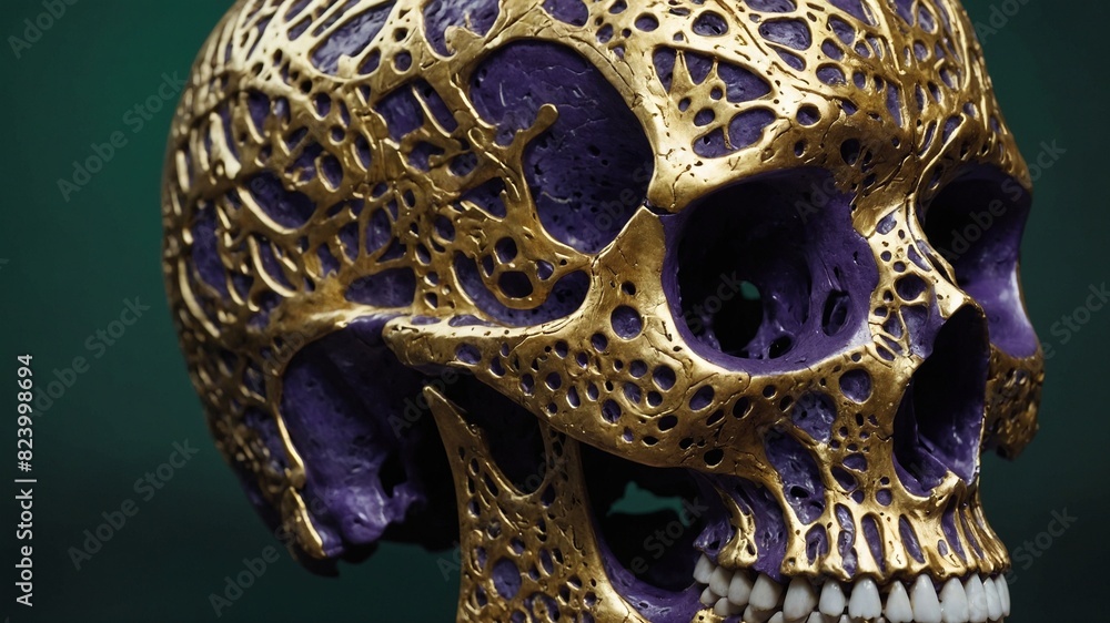 Poster golden skull with intricate filigree patterns displayed against dark green background, creating star