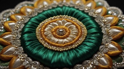 Meticulously crafted circular green, white fabric ornament displayed against dark background. Ornament features intricate ribbon embroidery, beadwork that forms concentric circles.