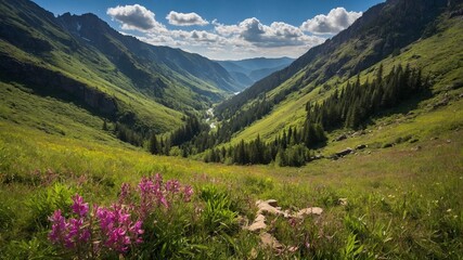 Obraz premium Vibrant landscape unfolds, presenting valley nestled between lush green mountains under clear blue sky. Trail meanders through foreground, flanked by bright pink wildflowers.