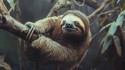 A sloth hanging from a branch. realistic