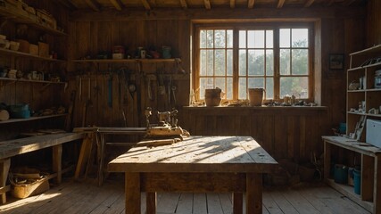 Sunlight streams through large window into rustic woodworking shop, casting shadows, highlighting dust in air. Wooden table in center appears worn, suggesting frequent use.