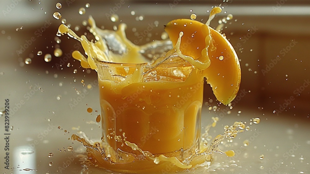 Poster an orange juice splashes into a glass with a slice of orange on the edge and a slice in the center