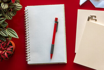 
desk seen from above. Objects on a red table. A pencil to write on a blank notebook page. Some plants and other objects around