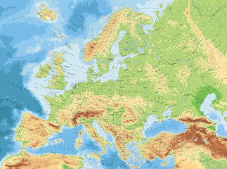 Europe terrain map. Super high quality. Detailed with thousands of place name labels.