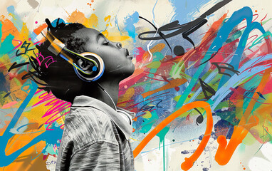 Young Boy Listens to Music with Colorful Background