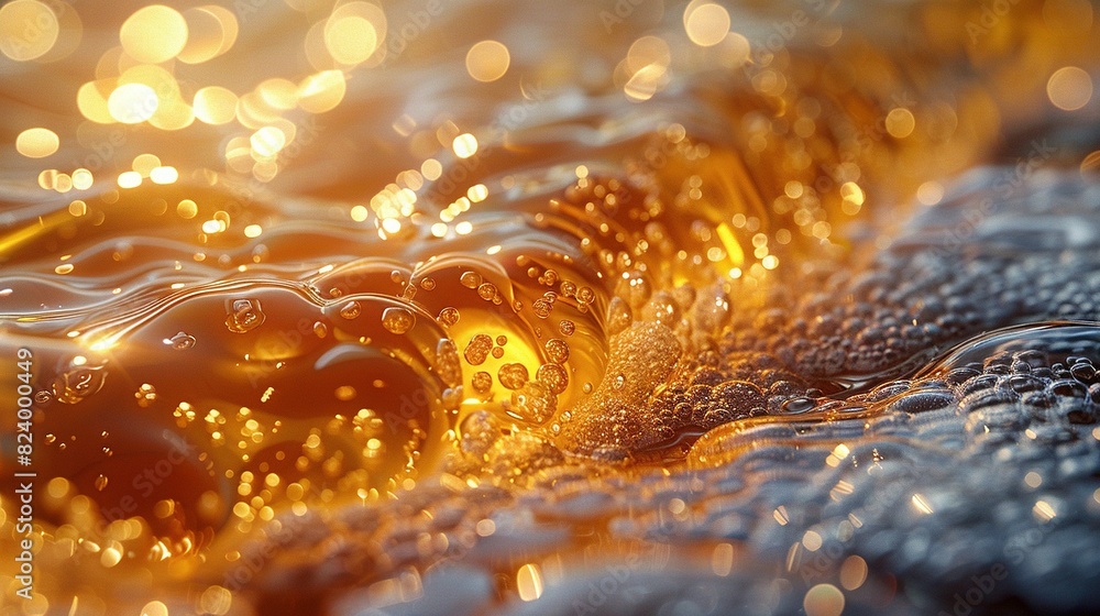 Poster a photo of water droplets on a surface with a hazy light behind and in front