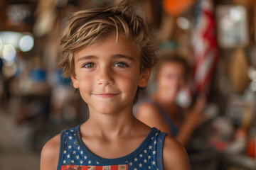  Young boy in an american flag shirt in an outdoor 4th of July barbecue party 
