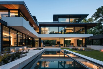 : A contemporary suburban house with a cantilevered design, featuring bold architectural lines, glass walls, and a landscaped yard with a reflecting pool.
