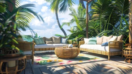 A tropical outdoor lounge with a bamboo sofa set, palm trees, and colorful outdoor cushions for a...