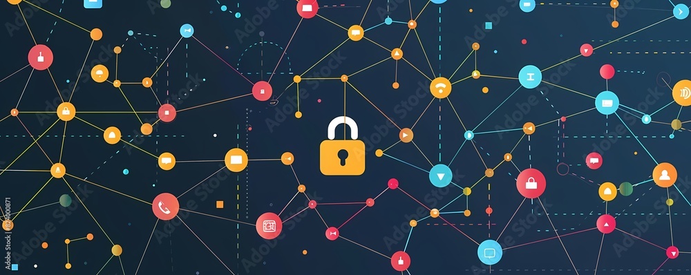 Poster see a flat design of a network symbol with a lock, representing network security