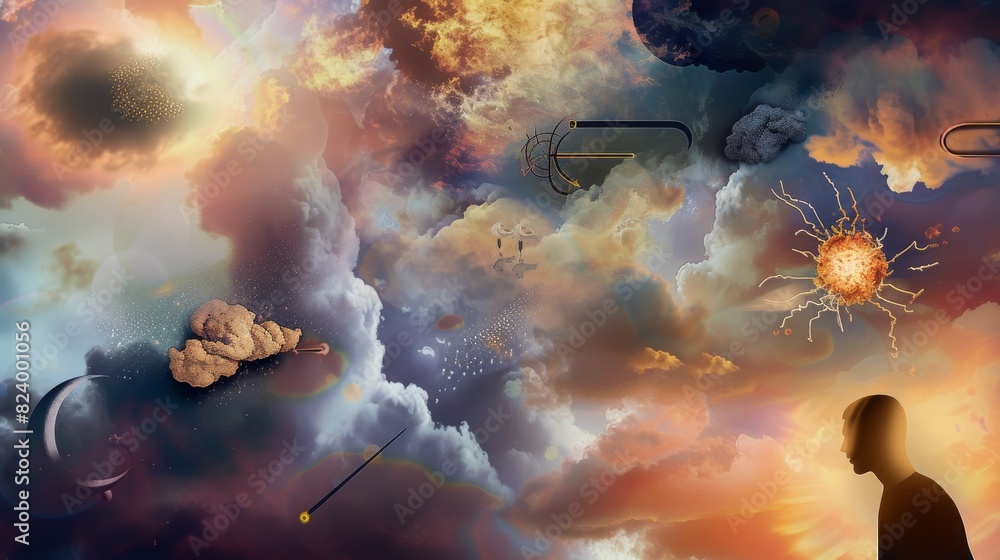 Poster a surreal and vibrant composition of abstract elements set against a dynamic sky, portraying an imag