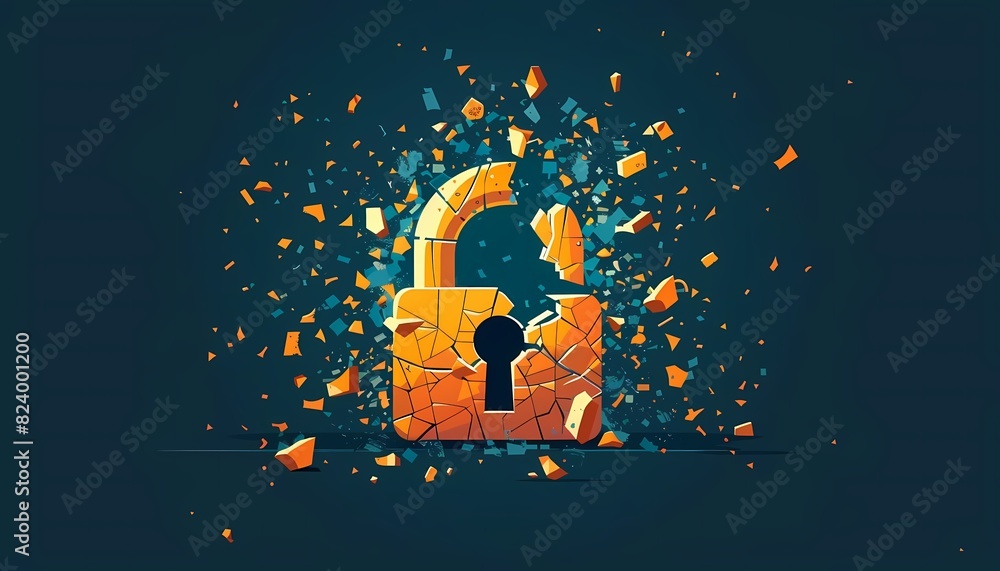 Poster imagine a flat design of a data breach icon with a broken lock